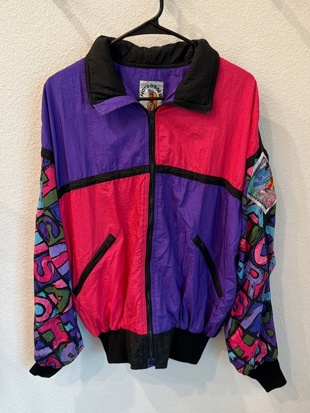 Vintage 90s Colorblock Hotdogger Bomber Jacket in Purple & Pink